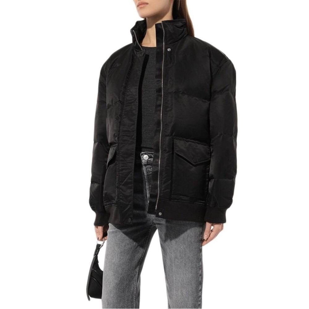 Theory Off Set Puffer Coat Jacket Black Aero Nylon Zip Button Women Size M/L NWT